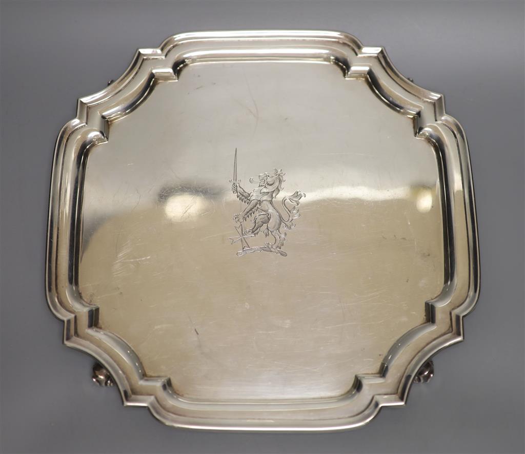 A George V silver shaped square salver, S. Blanckensee & Son Ltd, Birmingham, 1932, 26.7cm, 22oz.